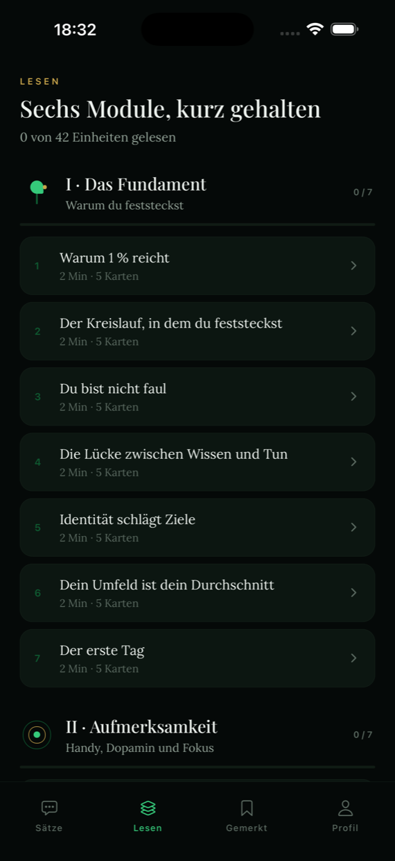 Die Leseliste mit sechs Modulen